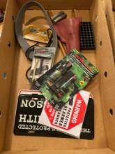 Box of assorted leather sporting pouches, pepper spray, T-Handle ram rod extension, vintage gun
