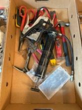 Box of assorted, hammers, wonder bars, grease gun, stapler, clippers