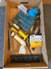 Box of assorted screws, nails, electrical supplies