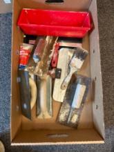 Box of assorted mudding and taping supplies, paint brushes