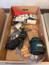 Box of assorted tools, hammer, wood clamps, lantern, electrical supplies