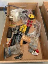 Box of assorted tools, electrical tools, chalk line, bungee cord