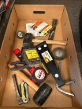 Box of assorted tools, drills bits, tape measure, Stanley utility knife, 3M sanding pads