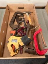 Assorted boxes of wood clamps, hammers, Craftsman Guide Master, wood planer