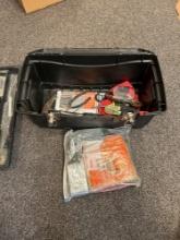 Tool box of tools, hammer, crescent wrench, pliers, ratchet strap