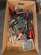 Box of assorted tools, clippers, wrenches, air sanding chuck, torque wrench