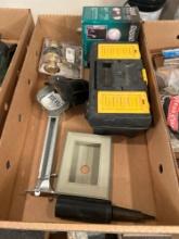Box of assorted handyman parts, door knob, flood light, Ryobi pad sander