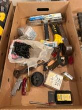 Box of assorted screws, nails, razor blades, etc