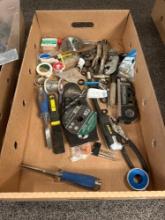 Box of assorted tools, pliers, vice grip, chisels, level, soldering wire, etc