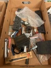 Box of assorted tools, sawzall blades, crescent wrench, wrench holders, etc
