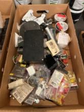 Box of assorted wiring supplies, wire nuts, wire, electrical plugs, tape, etc