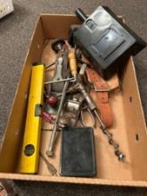 Box of assorted tools, tool belt, level welding mask, wood planer