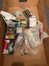 Box of assorted screws, nails, and fasteners