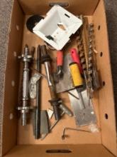 Box of drill bits, drywall tools