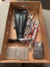 Box of assorted tool kits, sockets, wrench holders, angle impact driver, crescent wrenches