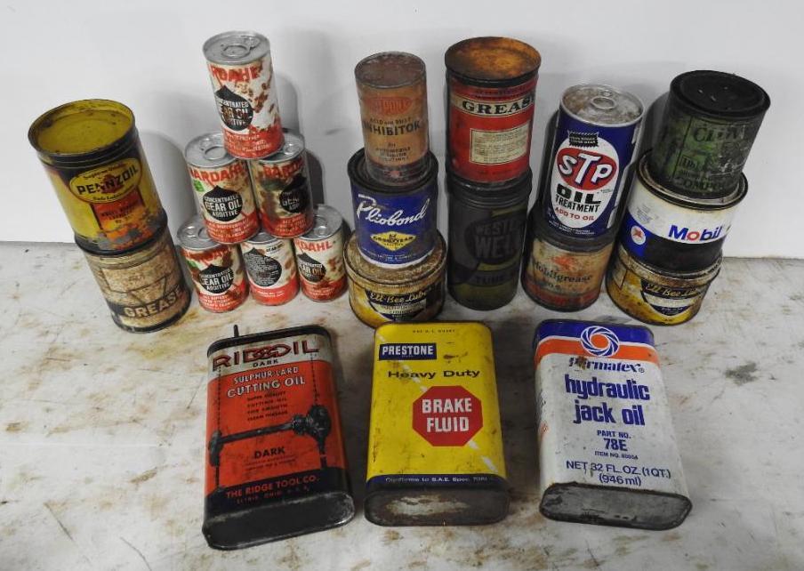 Large Group Lot of Assorted Oil Cans and Tins
