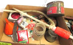 electrical insulator, wire, old coffee can, old pipe tobacco can