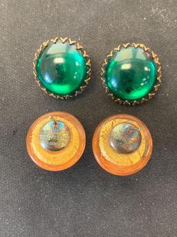 Lot of Two Round 20mm Pair of Glass Cabochon Alloy Button Earrings