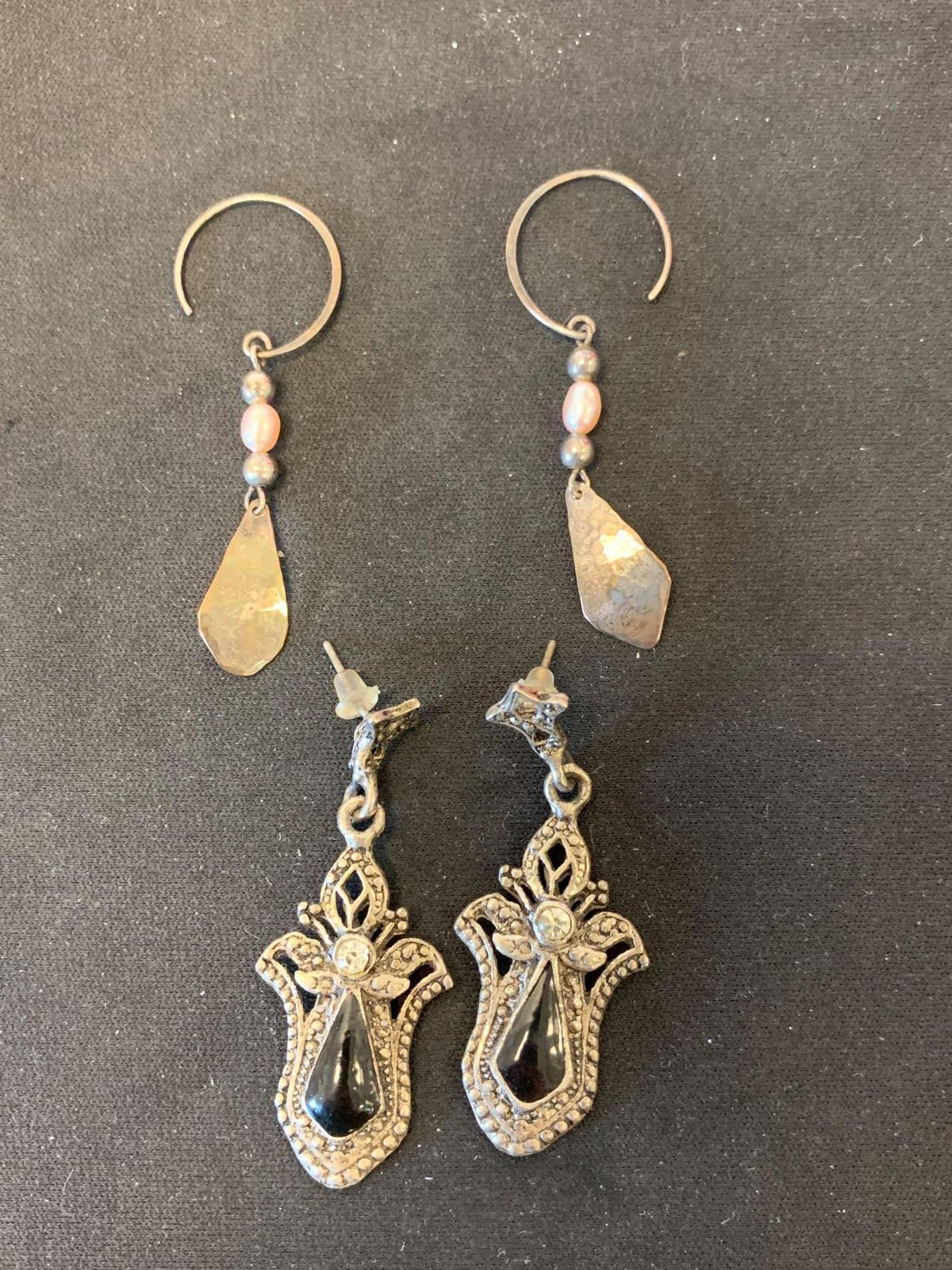 Lot of Two Pairs of Gemstone Accented Silver-Tone Alloy Drop Earrings, One Vintage Pair & Pearl
