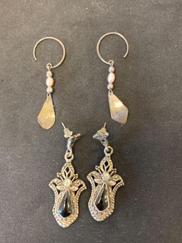 Lot of Two Pairs of Gemstone Accented Silver-Tone Alloy Drop Earrings, One Vintage Pair & Pearl