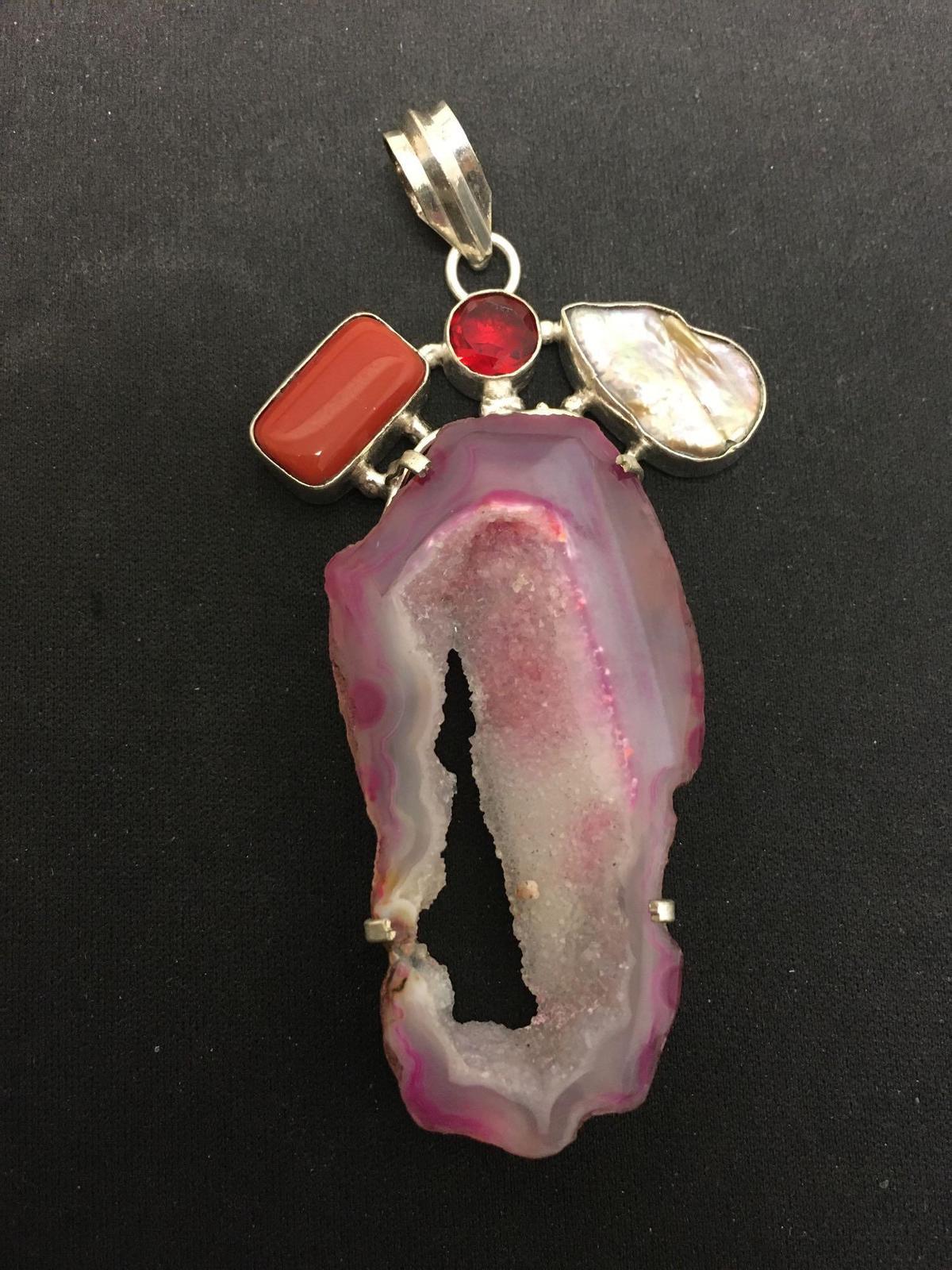 Oval Dyed Pink Druzy Center w/ Mabe Pearl, Coral & Rubellite Accent 3.5in Long Stamped 925 Nickel