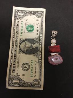 Dyed Pink Druzy w/ Mabe Pearl & Red Foil Back Faceted Gem Accented 2.5in Long Stamped 925 Nickel