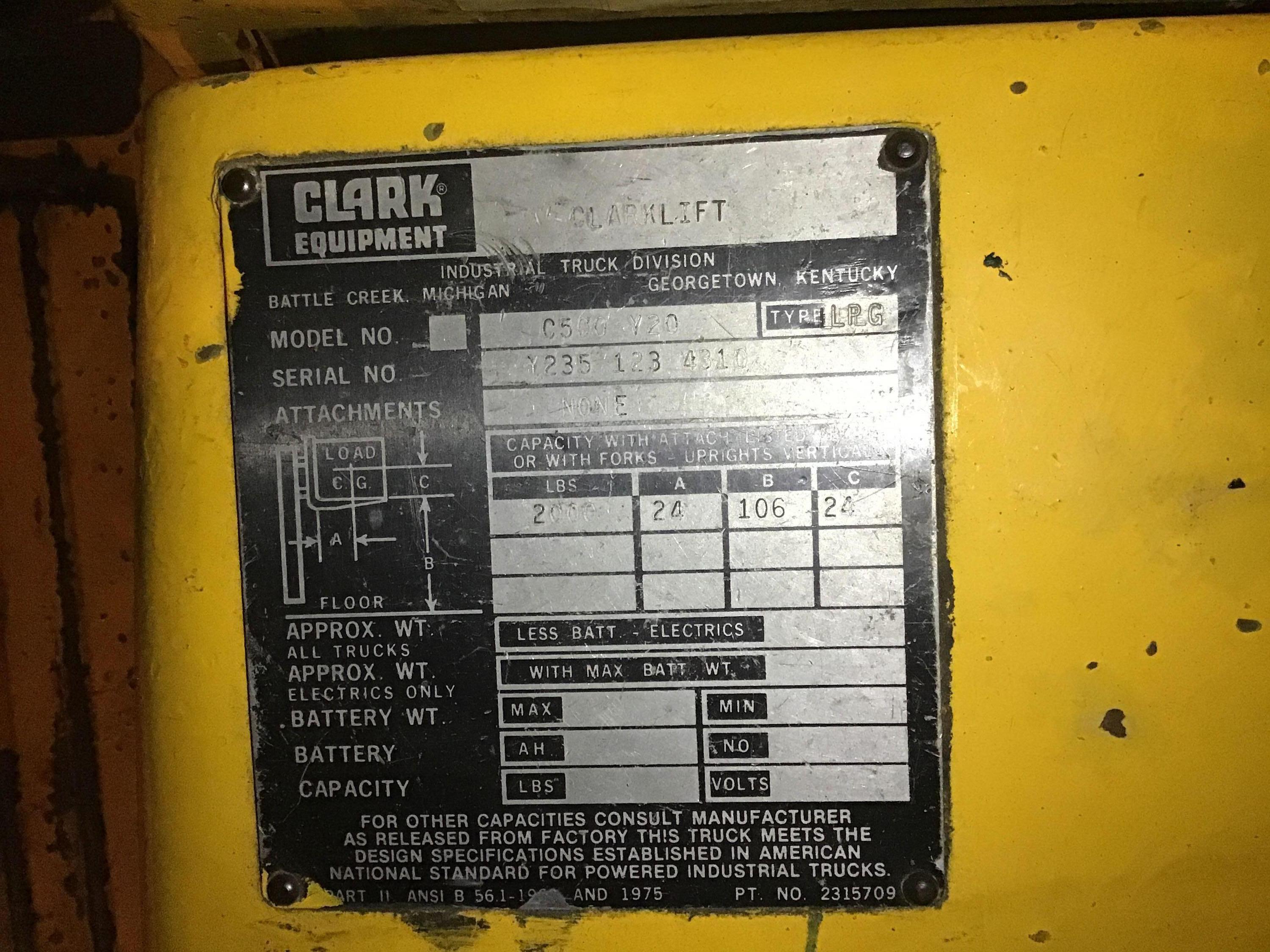 VIDEO ATTACHED. Clark 2000 pound LP Forklift showing 3822 hours Model C500 V20