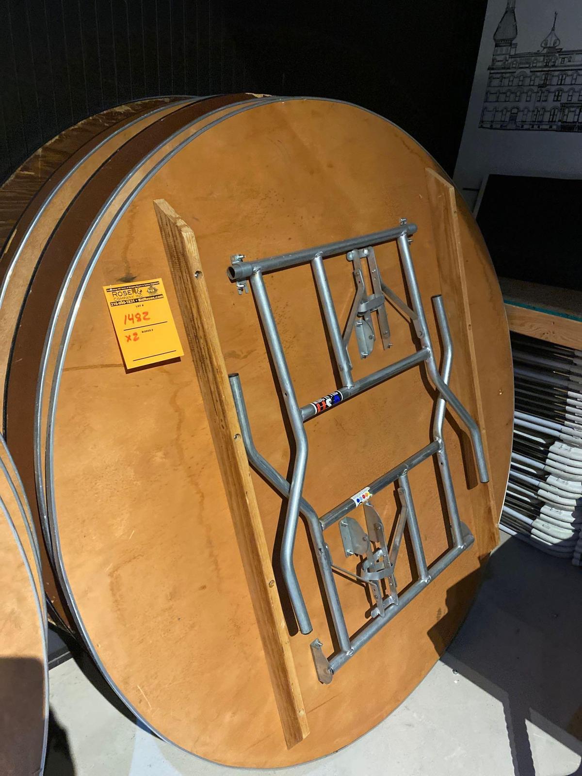 (7) 5ft diameter wooden folding table