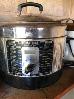 Vintage Red Rival Crock Pot, fryer cooker, and additional stockpots