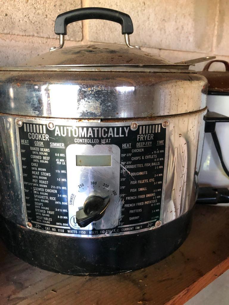 Vintage Red Rival Crock Pot, fryer cooker, and additional stockpots
