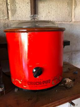 Vintage Red Rival Crock Pot, fryer cooker, and additional stockpots