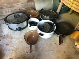 Vintage Red Rival Crock Pot, fryer cooker, and additional stockpots
