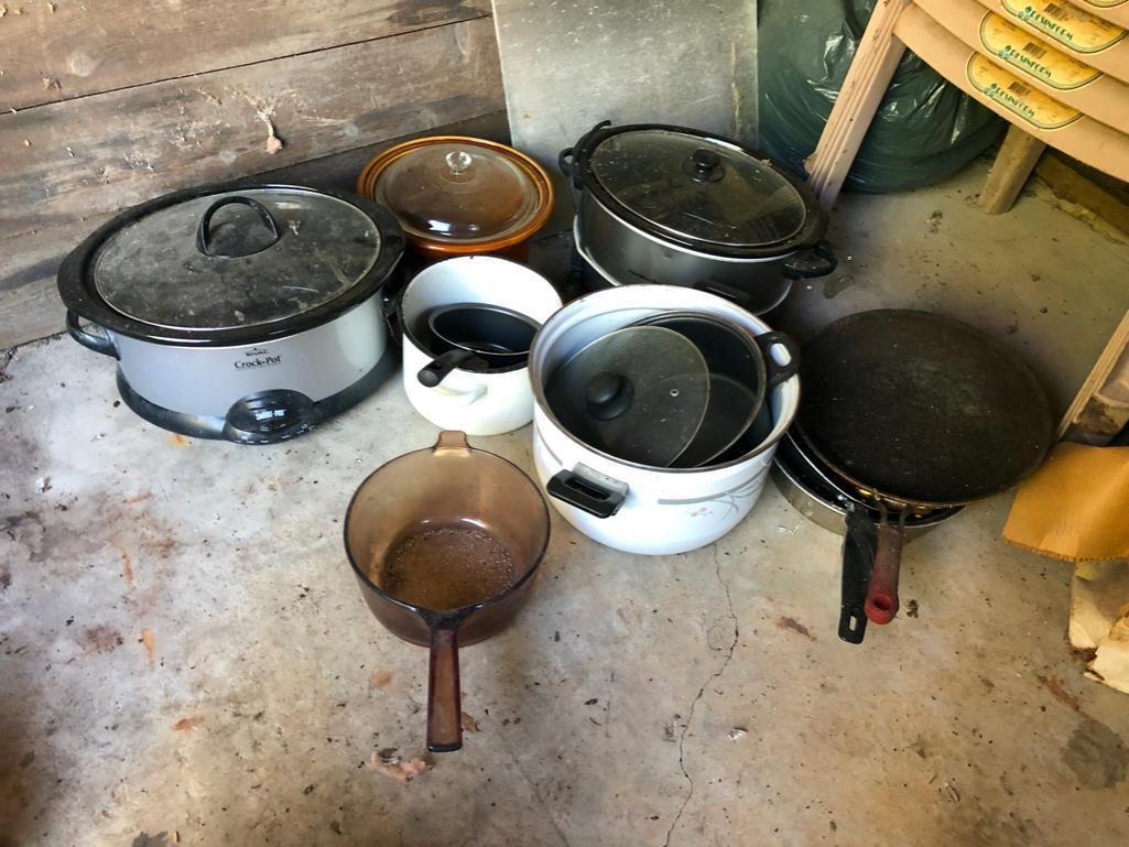 Vintage Red Rival Crock Pot, fryer cooker, and additional stockpots
