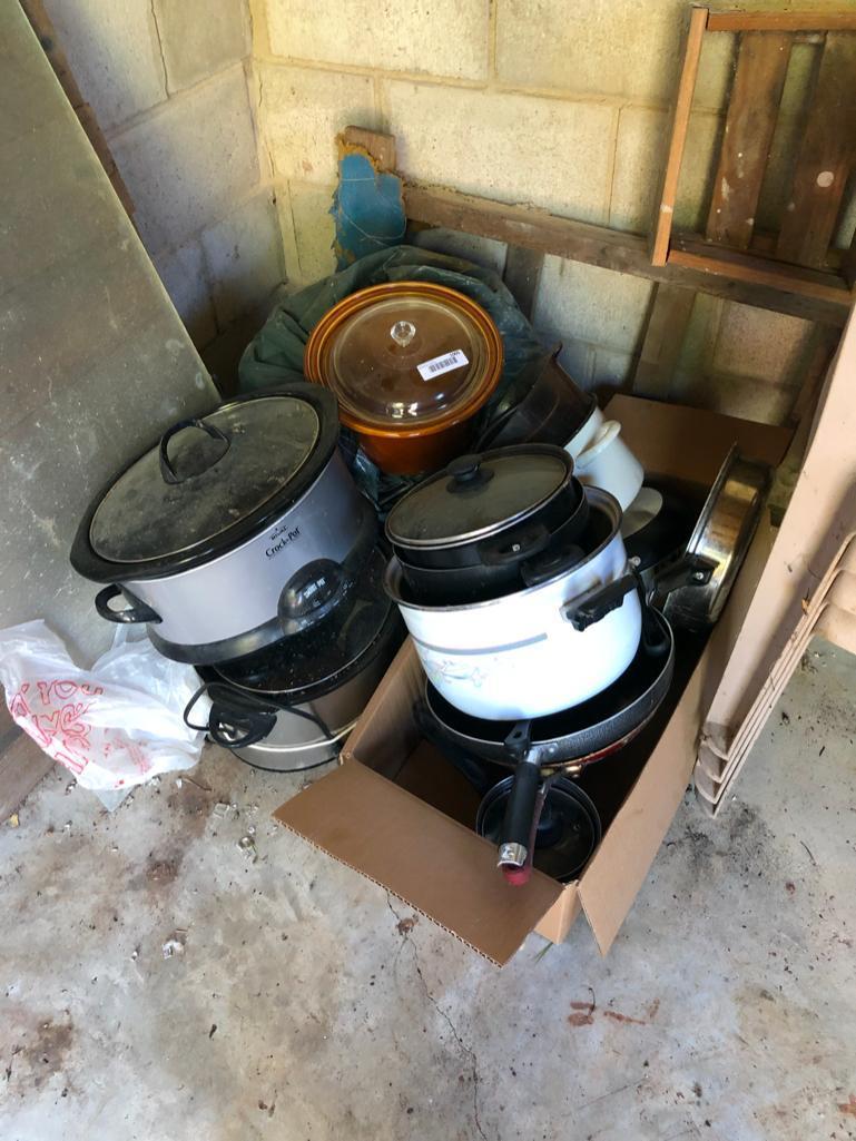 Vintage Red Rival Crock Pot, fryer cooker, and additional stockpots