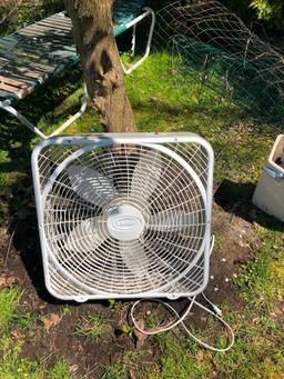 Box fan, toilet tank - never used, extention cord and yard fencing