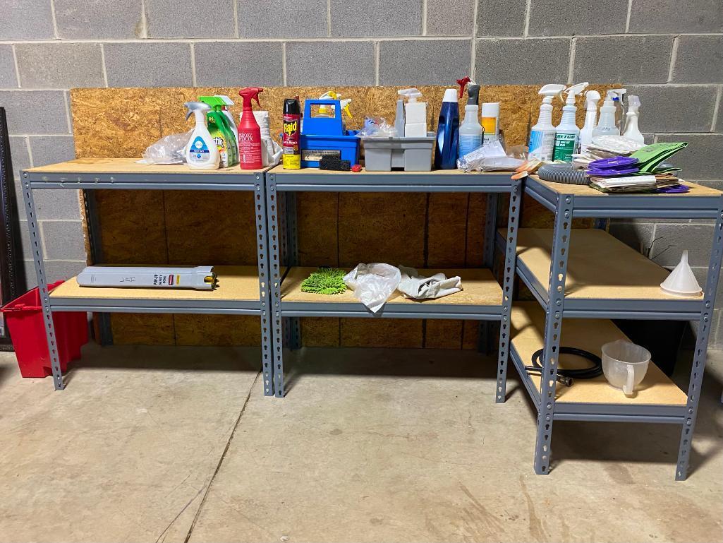 Set of (3) Shelf Units with Misc Cleaning Suppplies