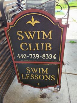 Double Sided Wood " Swim Club" Sign (located off-site, please read description)