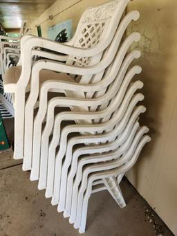 11 Heavy Duty Lawncare Plastic Patio Chairs (located off-site, please read description)