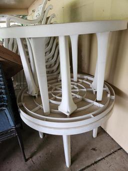 (3) White Plastic Patio Tables with Holes for Umbrellas (located off-site, please read description)