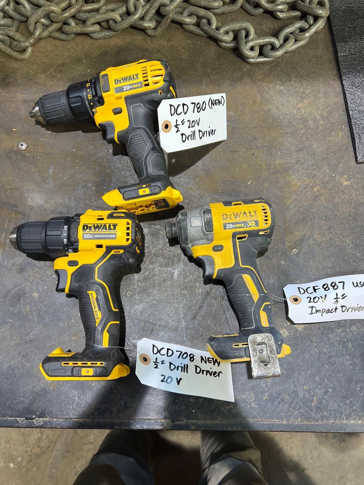 (4) 20v Cordless Dewalt Impact Drivers and Dewalt 20v Circular Saw