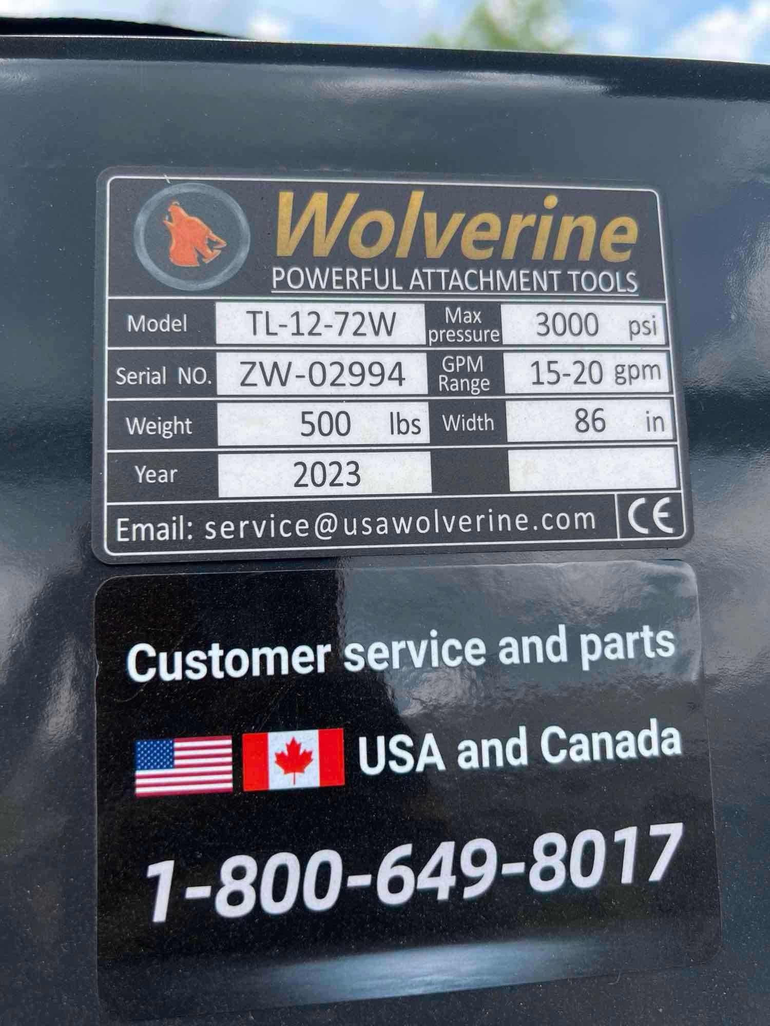 New Wolverine Hydraulic Roto-Tiller Skid Steer Attachment model: TL-12-72W