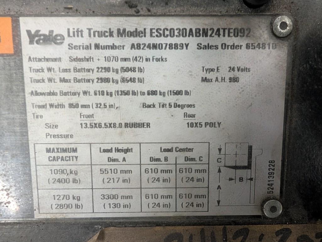 2091 Yale ESC030 stand up counterbalance forklift (off-site item, read description)