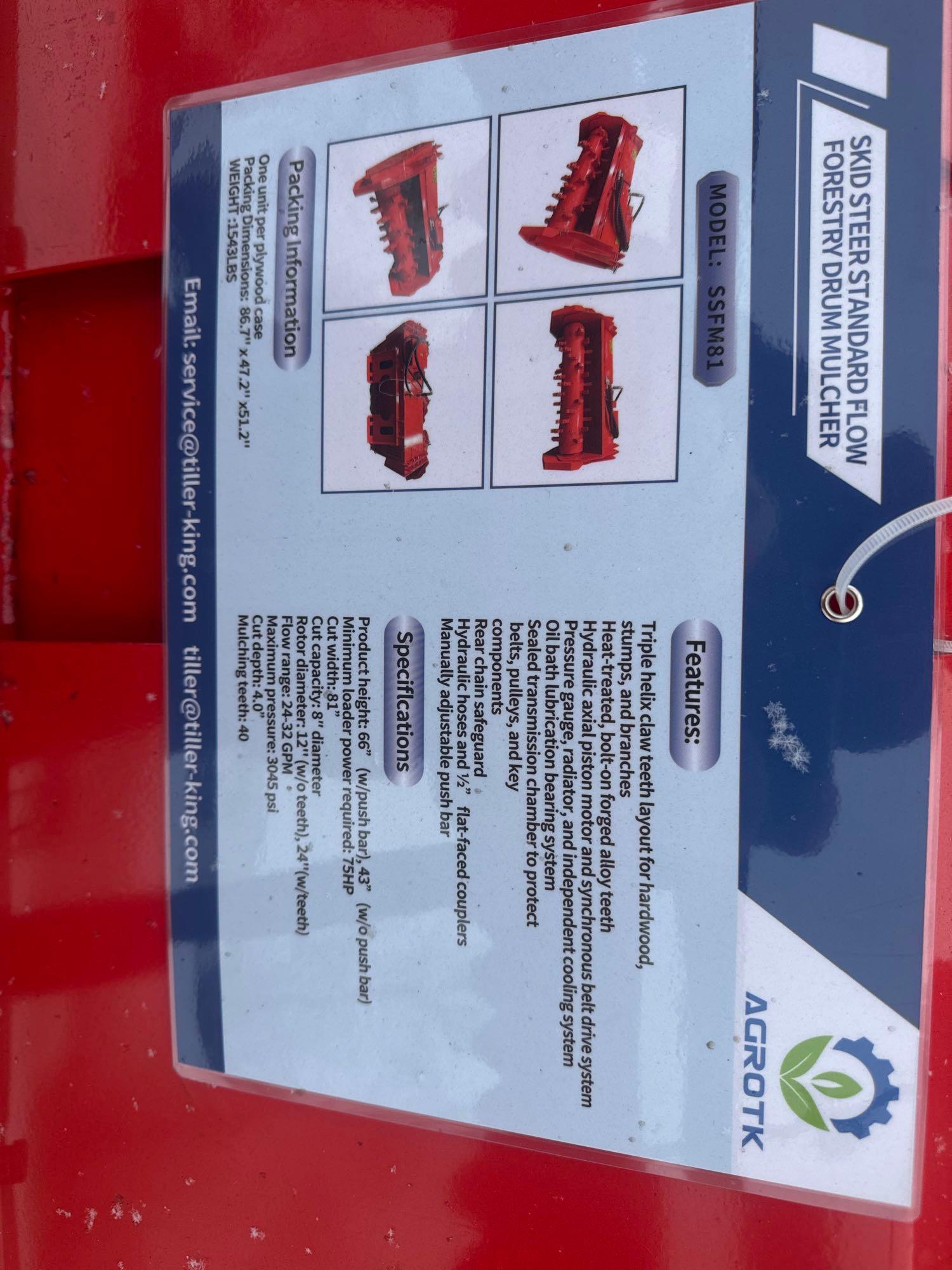 New Agrotk Co 81in Hydraulic Skidloader Forestry Drum Mulcher Model SSFM81
