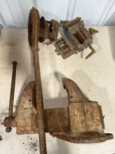 Colombian 4 Inch Bench Vise, small vise and Ridgid Pipe Threader, all need restored and oiled