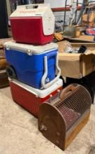 Stack of Coolers and Pet Carrier/Hutch