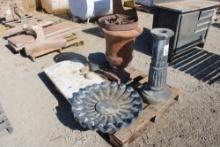 Marble Slab, Bird Bath, Slate Stones, Planter, Iron Wheel. Strings