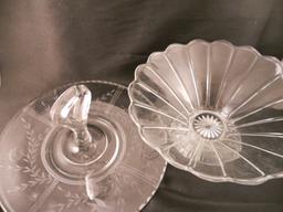 Lot of Vintage Etched and Clear Glass Serving Bowl and snack Server