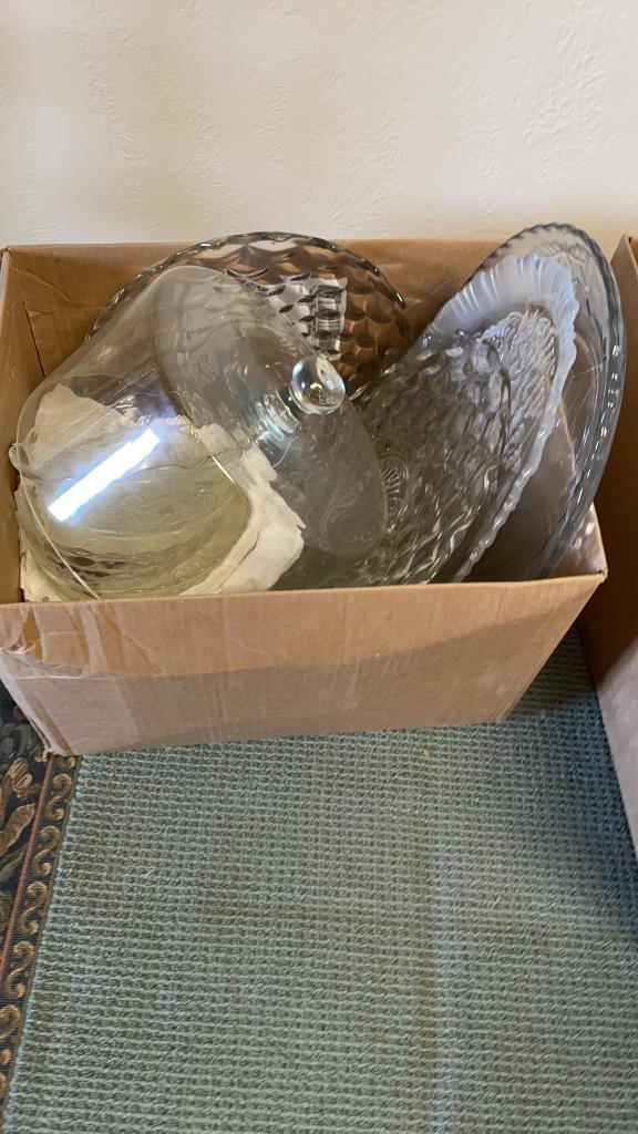 Box of glass bowls, trays, cake server top