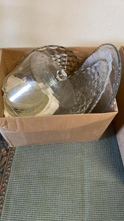 Box of glass bowls, trays, cake server top