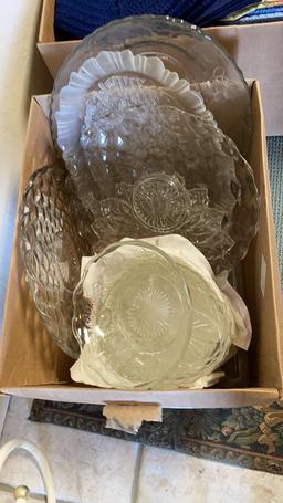 Box of glass bowls, trays, cake server top